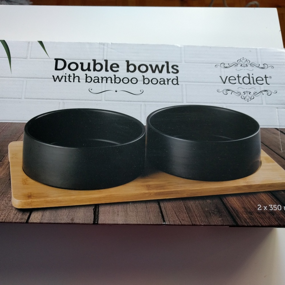 Set of Dog Food bowls with Bamboo board